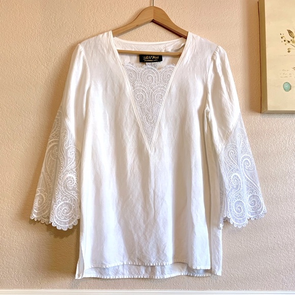 Bob Mackie Wearable Art Designer Tunic Top White Linen Embroidered Lace - Picture 2 of 12